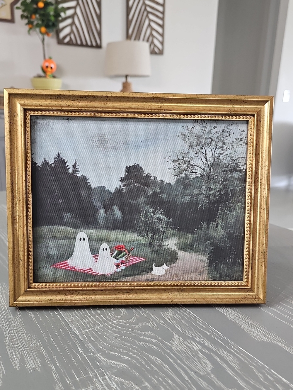 New Halloween Framed Landscape Picnic Ghosts Wine Dog Canvas Wall Art